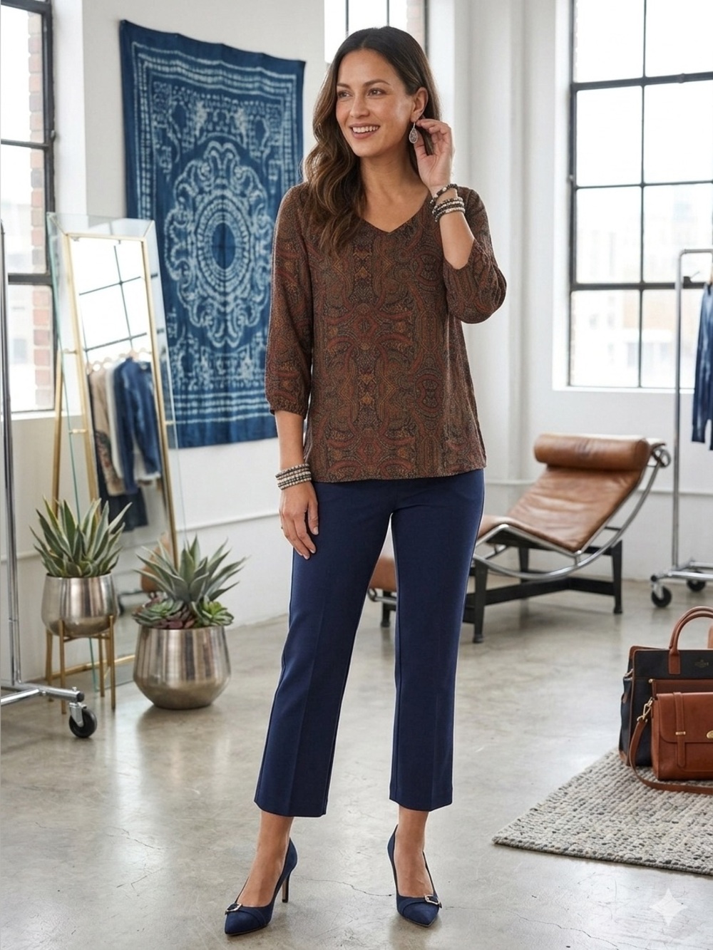 Patterned V-Neck 3/4 Sleeve Women's Top - Brown Paisley Print - Picture 1 of 8